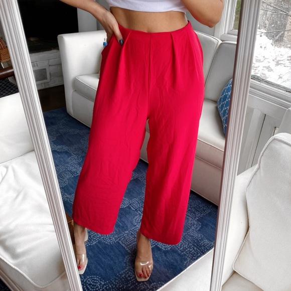 πΊ ZARA BOHO RASPBERRY RED HIGH WAIST WIDE LEG CROPPED PANTS! - Picture 4 of 14